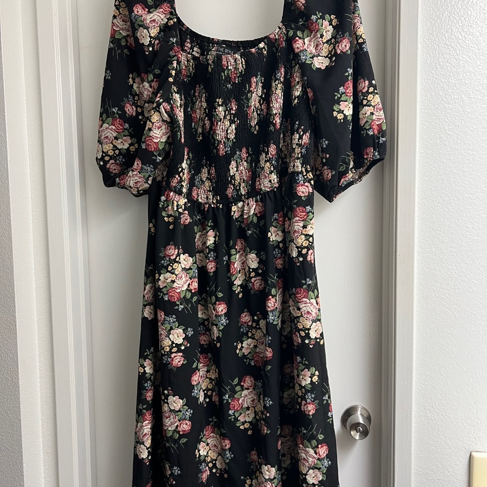 Pink and Orange Puff Sleeve Midi Sundress